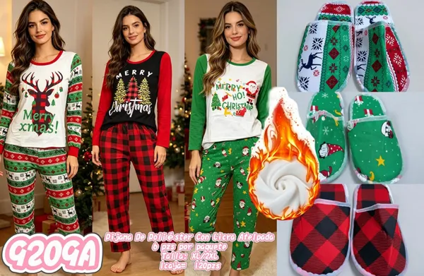 Pijama navideña afelpada de dos piezas para mujer