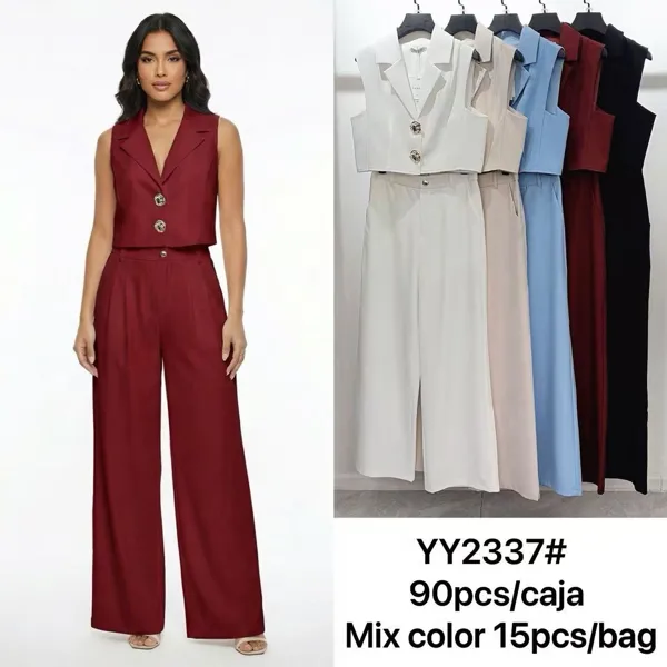 Conjunto de chaleco crop top sin mangas y pantalón de pierna ancha-YY2337