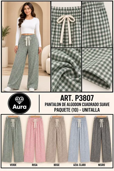 Pantalón de algodón a cuadros suave con cintura elástica para mujer