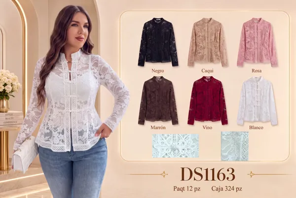 Blusa de encaje manga larga con cierres de nudos chinos para mujer