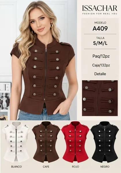 Blusa estilo militar de manga corta con cierre y botones para mujer