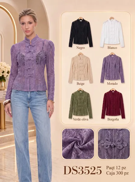 Blusa de encaje con cierre de nudos chinos