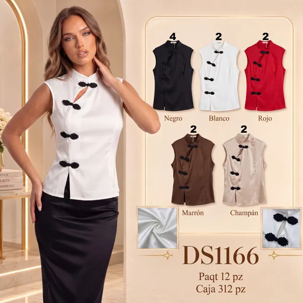 Blusa satinada sin mangas cuello mao con nudos chinos para mujer