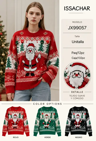 Suéter tejido navideño con Santa Claus y pompones para mujer
