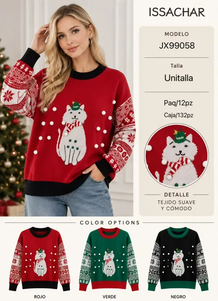 Suéter navideño tejido con gato y pompones para mujer
