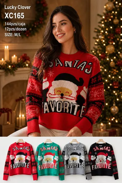 Suéter navideño tejido con estampado de Santa Claus para mujer