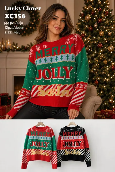 Suéter navideño tejido con letras Merry Jolly Santa para mujer