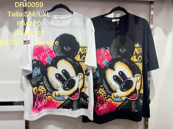 Playera oversize estampado de ratón animado estilo grafiti con pedrería para mujer