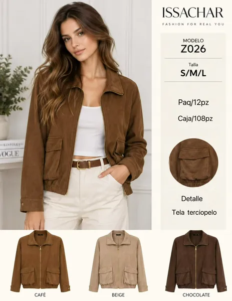 Chaqueta de gamuza con bolsillos de solapa y cierre para mujer