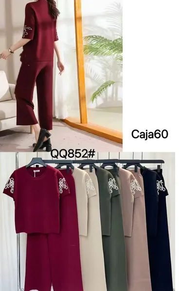 Conjunto de blusa y pantalón con bordado floral en mangas-QQ852