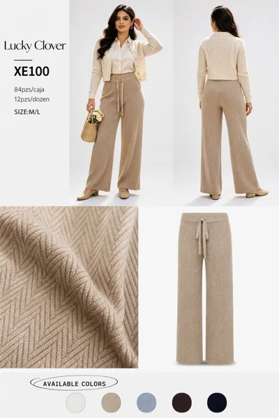 Pantalón de punto pierna ancha con textura espiga para mujer