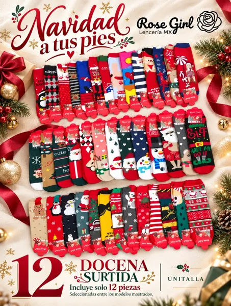Calcetines cortos navideños con estampados de Santa y reno unitalla