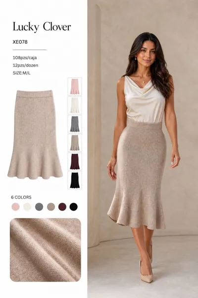 Falda midi de punto corte sirena con olán para mujer