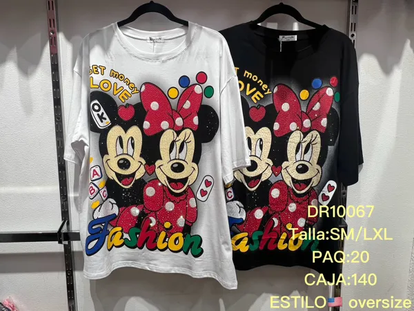 Playera oversize estampado pareja de ratones animados con pedrería para mujer
