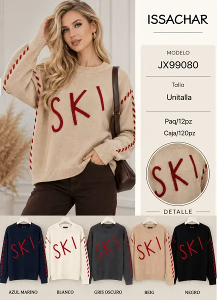 Suéter tejido con letras SKI y pespunte en contraste para mujer