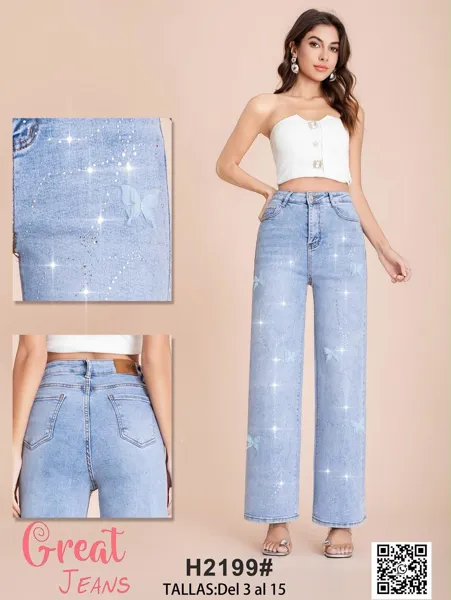 Jeans de pierna ancha con mariposas y brillos para mujer