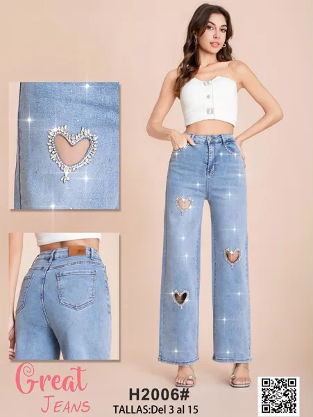 Jeans de pierna ancha con corazones de pedrería para mujer