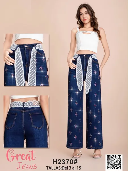 Jeans de pierna ancha con moños de pedrería y encaje para mujer