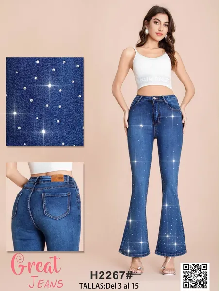 Jeans acampanados con pedrería brillante para mujer