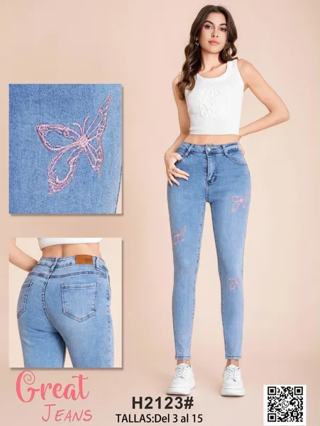 Jeans skinny con mariposas bordadas para mujer