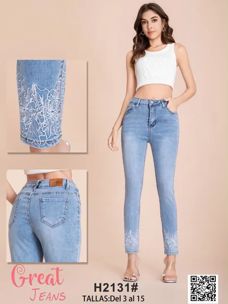 Jeans skinny con encaje bordado en bastilla para mujer
