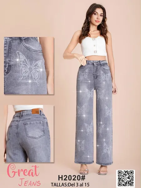 Jeans de pierna ancha gris con mariposas y pedrería para mujer