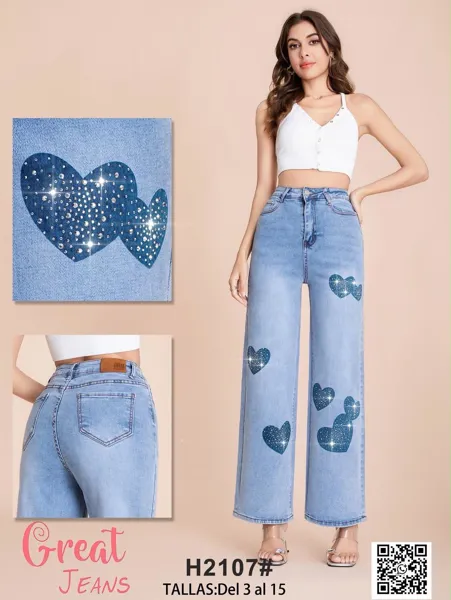 Jeans de pierna ancha con corazones de pedrería azul para mujer