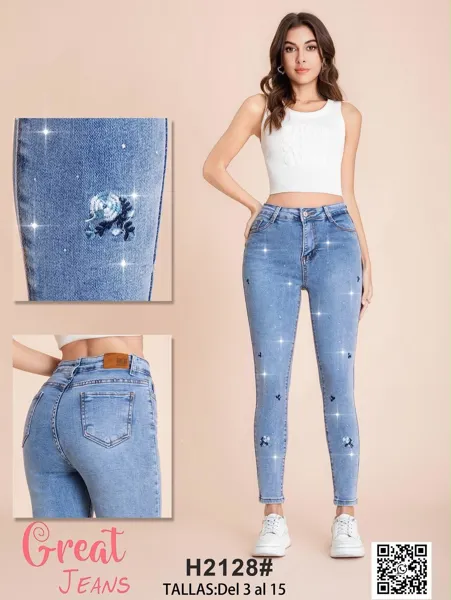 Jeans skinny con flores bordadas y pedrería para mujer