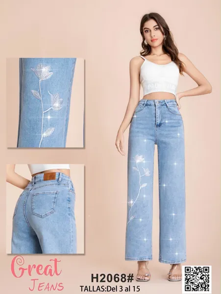 Jeans de pierna ancha con flor de pedrería para mujer