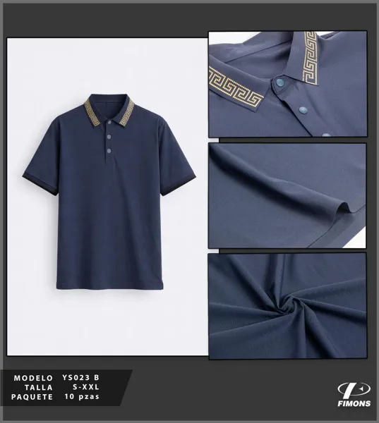 Playera tipo polo azul marino con cuello de grecas doradas