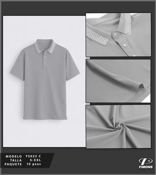 Playera tipo polo gris con cuello de grecas