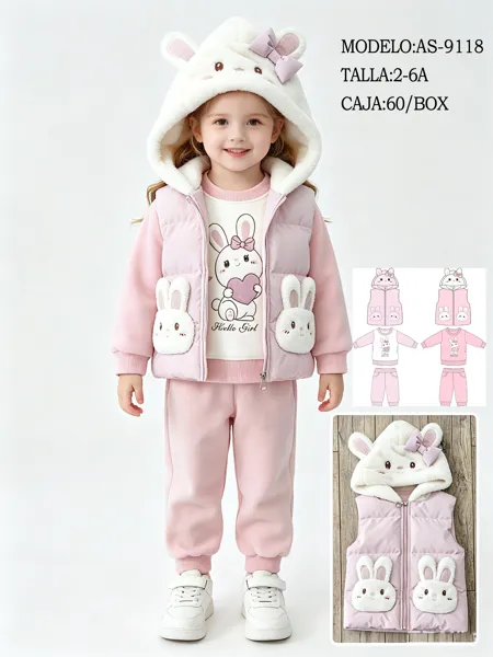 Conjunto de 3 piezas: chaleco acolchado con capucha de conejito, sudadera y pantalón para niña