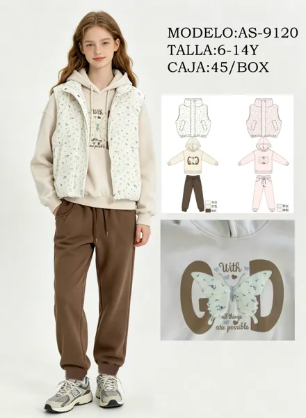 Conjunto de 3 piezas: chaleco acolchado floral, sudadera con capucha y mariposa y pantalón jogger para niña