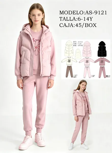 Conjunto de 3 piezas: chaleco acolchado con capucha, sudadera con flor bordada y pantalón jogger para niña