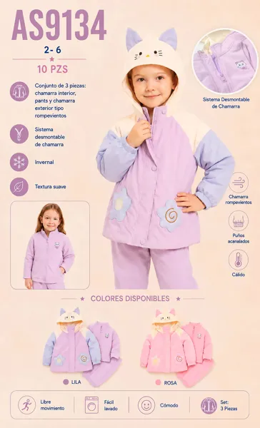 Conjunto de 3 piezas: chamarra rompevientos con capucha de gatito, chamarra interior y pantalón para niña