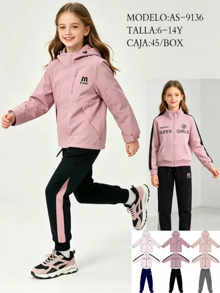 Conjunto de 3 piezas: chamarra rompevientos con capucha, sudadera con cierre y pantalón jogger para niña