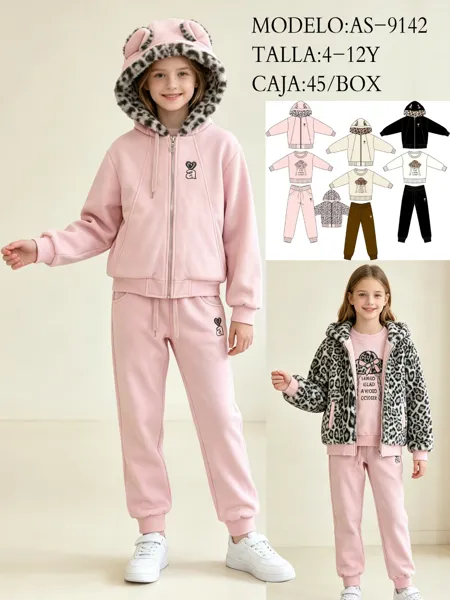Conjunto de 3 piezas: chamarra de peluche doble vista con capucha de orejitas, sudadera y pantalón jogger para niña