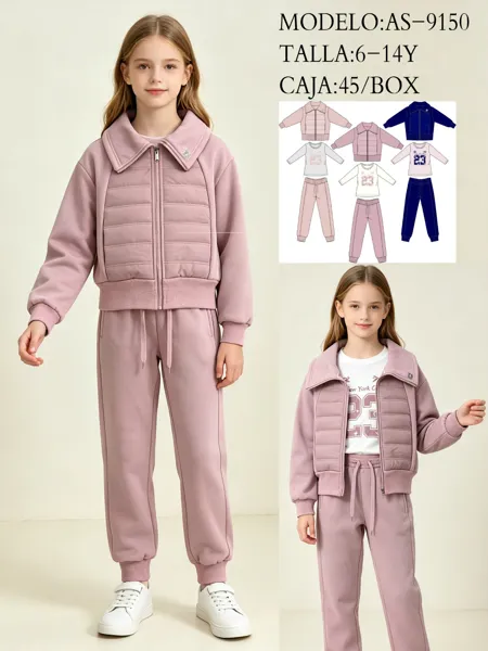 Conjunto de 3 piezas: chamarra acolchada con cuello, playera manga larga con número 23 y pantalón jogger para niña