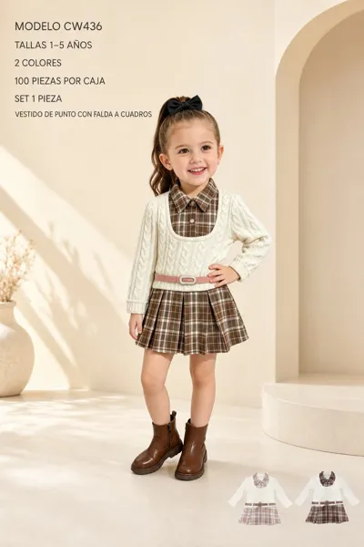 Vestido de punto trenzado con cuello camisero y falda a cuadros con cinturón para niña