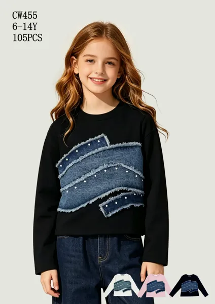 Blusa de manga larga con parches de mezclilla y perlas para niña