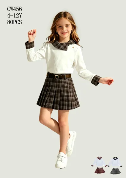 Conjunto de 2 piezas: blusa con cuello a cuadros y falda plisada escocesa para niña