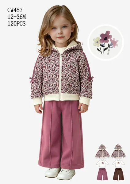 Conjunto de 3 piezas: chamarra floral con capucha, playera y pantalón para bebé niña