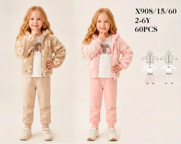 Conjunto de 3 piezas: chamarra de borrego con capucha, playera y pantalón jogger para niña