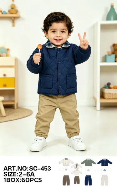 Conjunto de 3 piezas: chamarra acolchada con cuello a cuadros, playera y pantalón para niño
