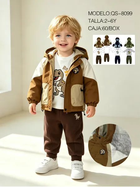 Conjunto de 3 piezas: chamarra con capucha, playera de dinosaurio y pantalón jogger para niño