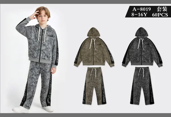 Conjunto de 2 piezas de felpa deslavada: sudadera con capucha y cierre y pantalón con franjas para niño