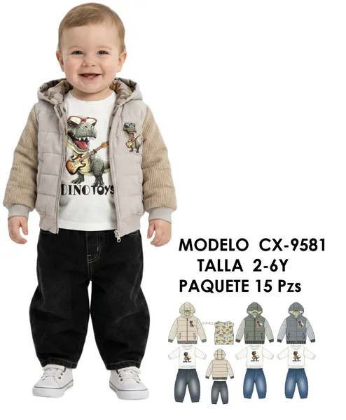 Conjunto de 3 piezas: chamarra doble vista con capucha, playera de dinosaurio y jeans para niño