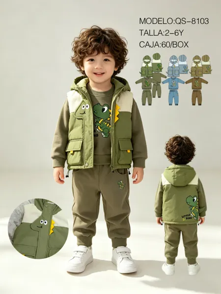 Conjunto de 3 piezas: chaleco acolchado con capucha de dinosaurio, sudadera y pantalón jogger para niño