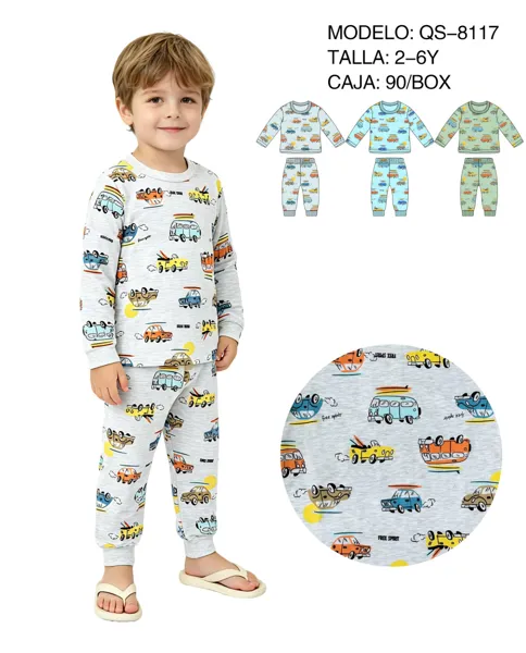 Pijama de 2 piezas de manga larga con estampado de carritos para niño