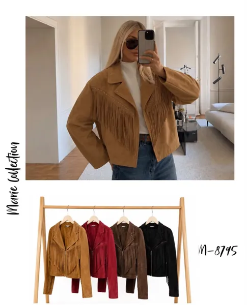 Chamarra corta de gamuza con flecos estilo vaquero para mujer